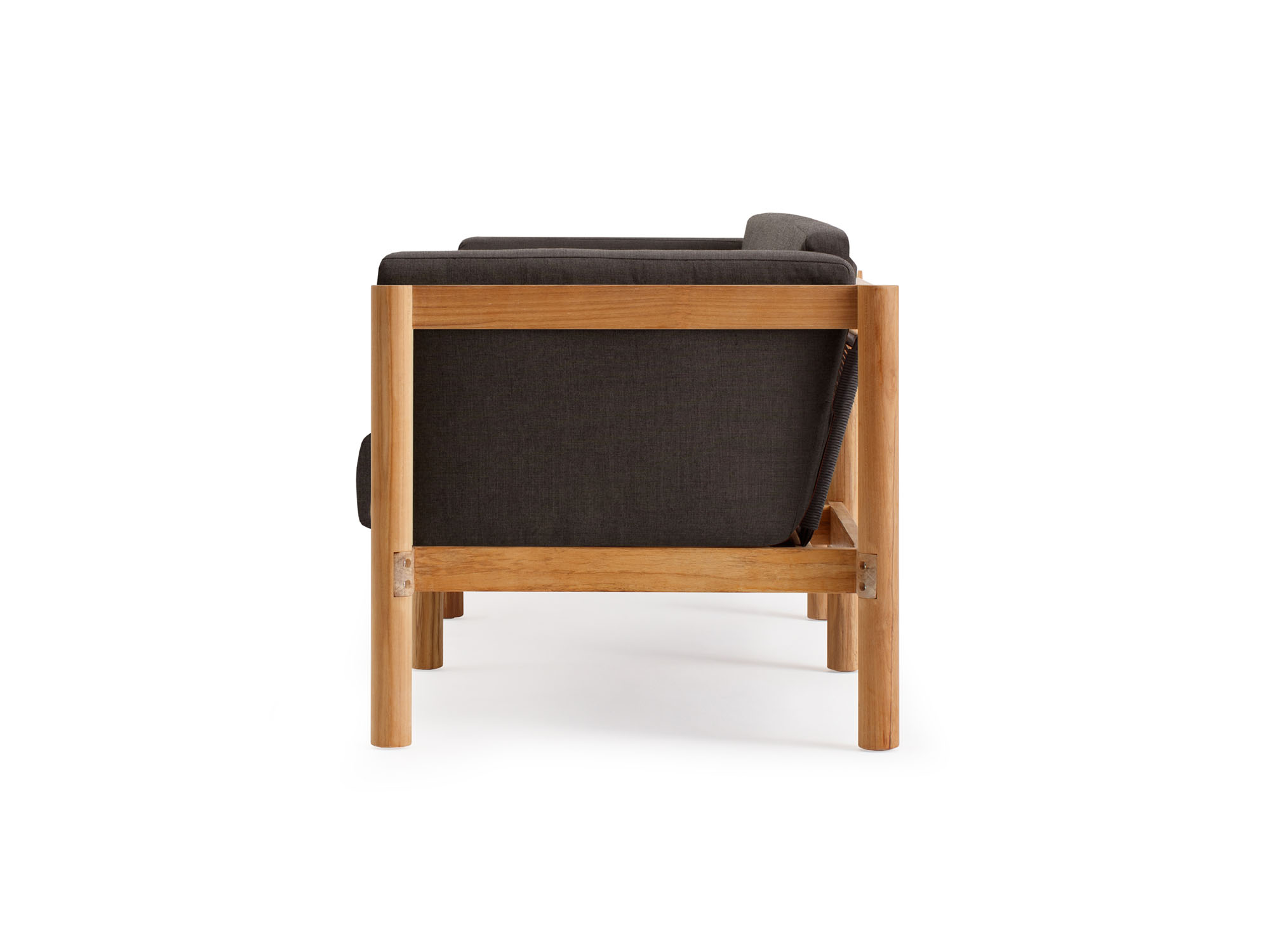 Side view of outdoor sofa with black arm cushions